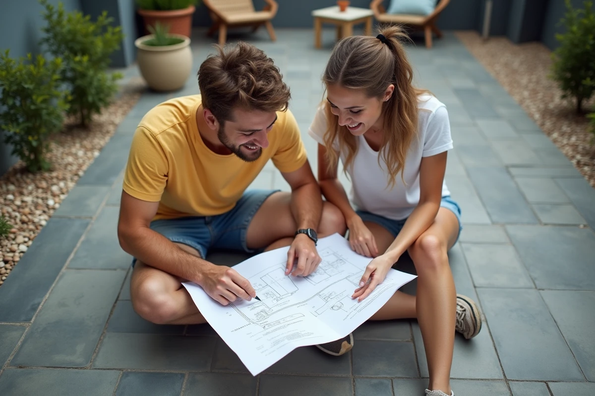 Jeune couple discutant de plans de jardin sur une terrasse