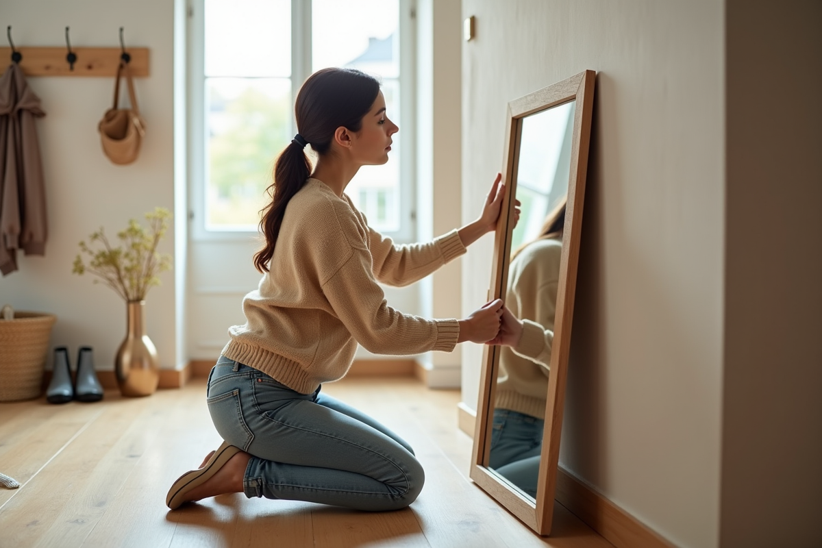 Jeune femme fixant un support pour miroir sur un mur en plâtre
