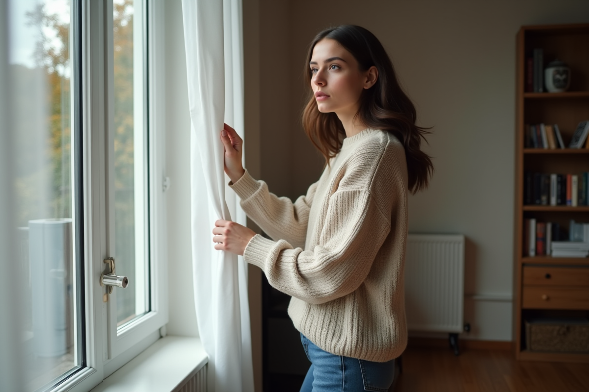 Jeune femme touchant un rideau occultant dans un salon moderne