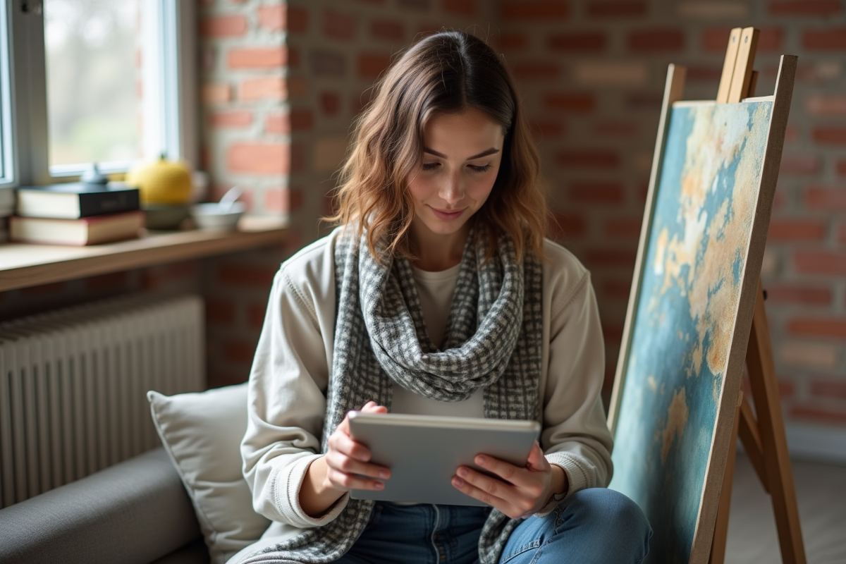 Jeune femme passionnee d arts utilisant une tablette chez elle