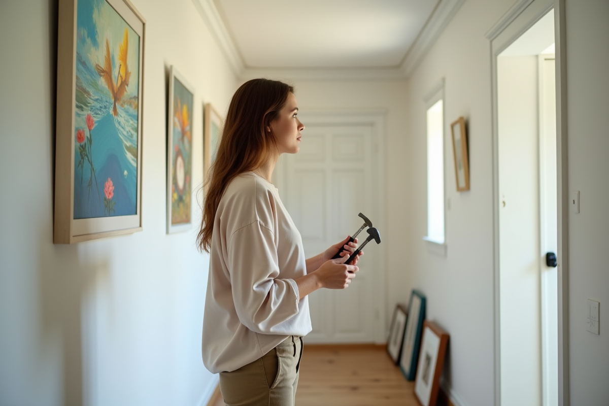Jeune femme préparant à accrocher une peinture dans un couloir