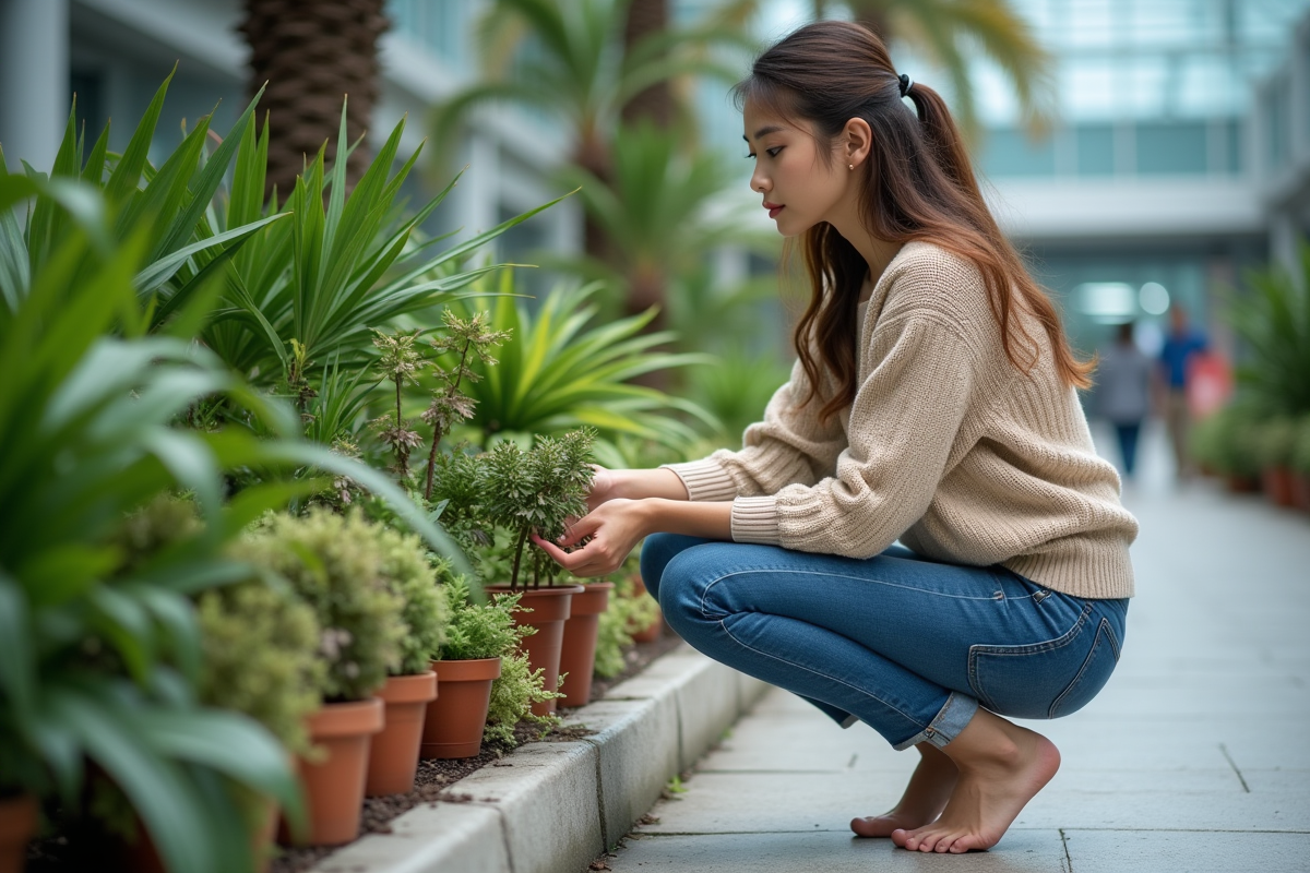 Jeune femme inspectant des plantes tropicales dans un jardin