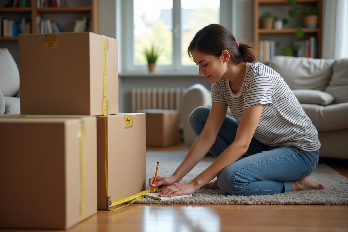 Jeune femme mesure des cartons de déménagement dans un salon