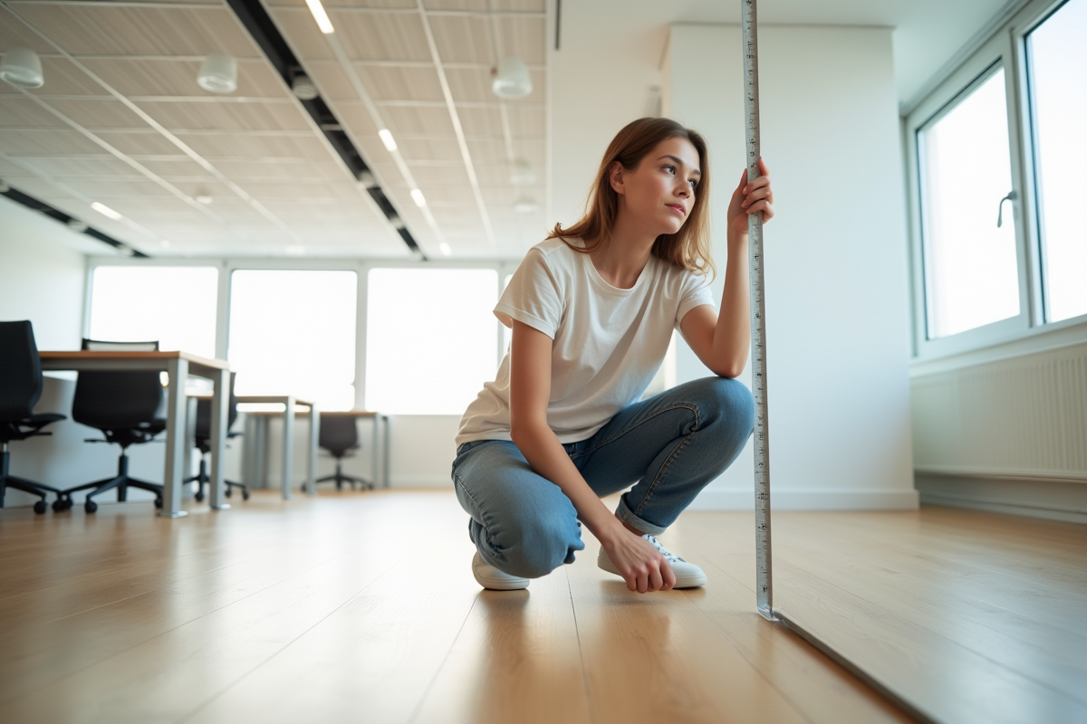 Jeune femme mesurant un plafond suspendu dans un bureau moderne