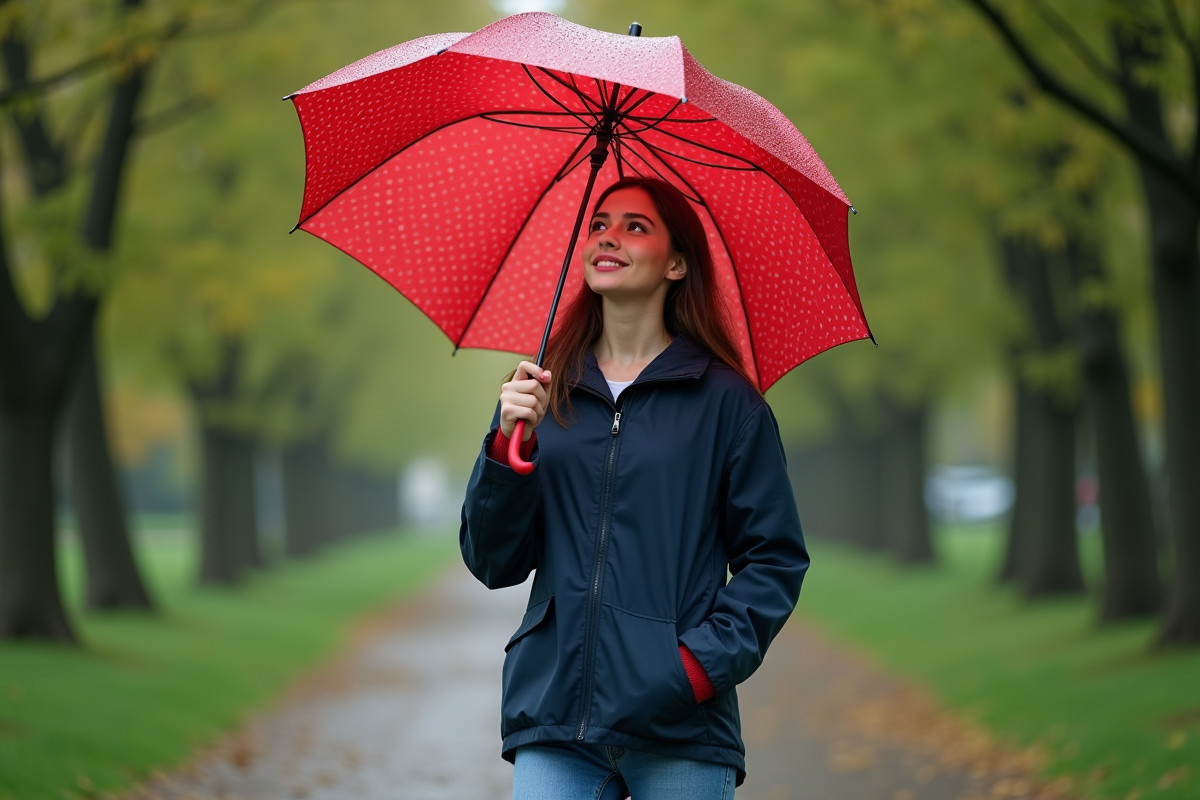 Jeune femme avec parapluie rouge dans un parc vert