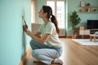 Jeune femme peignant un mur pastel dans un appartement moderne