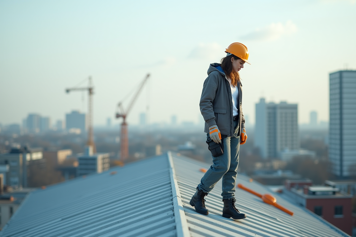Jeune femme sur toit en métal en ville