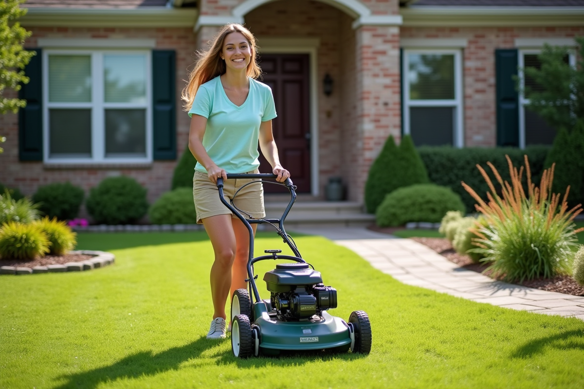 Jeune femme souriante utilisant un aérateur de pelouse dans le jardin
