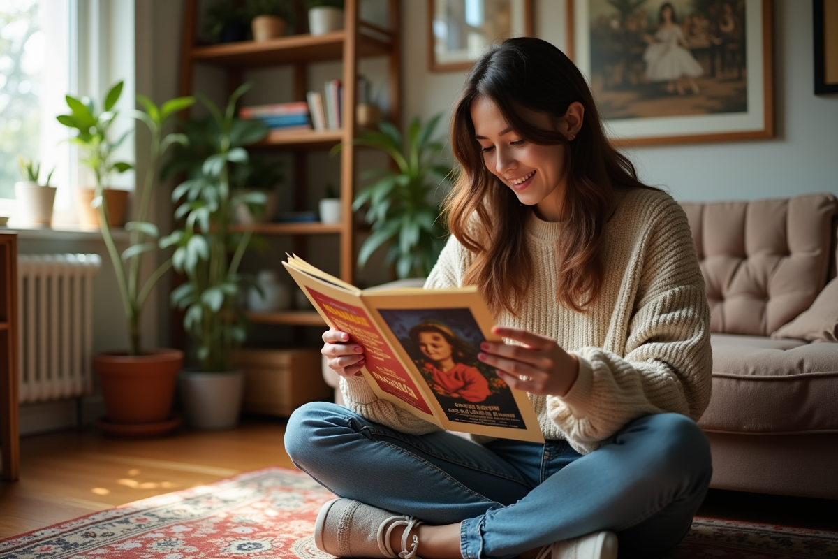 Jeune femme examine une affiche vintage dans un salon chaleureux