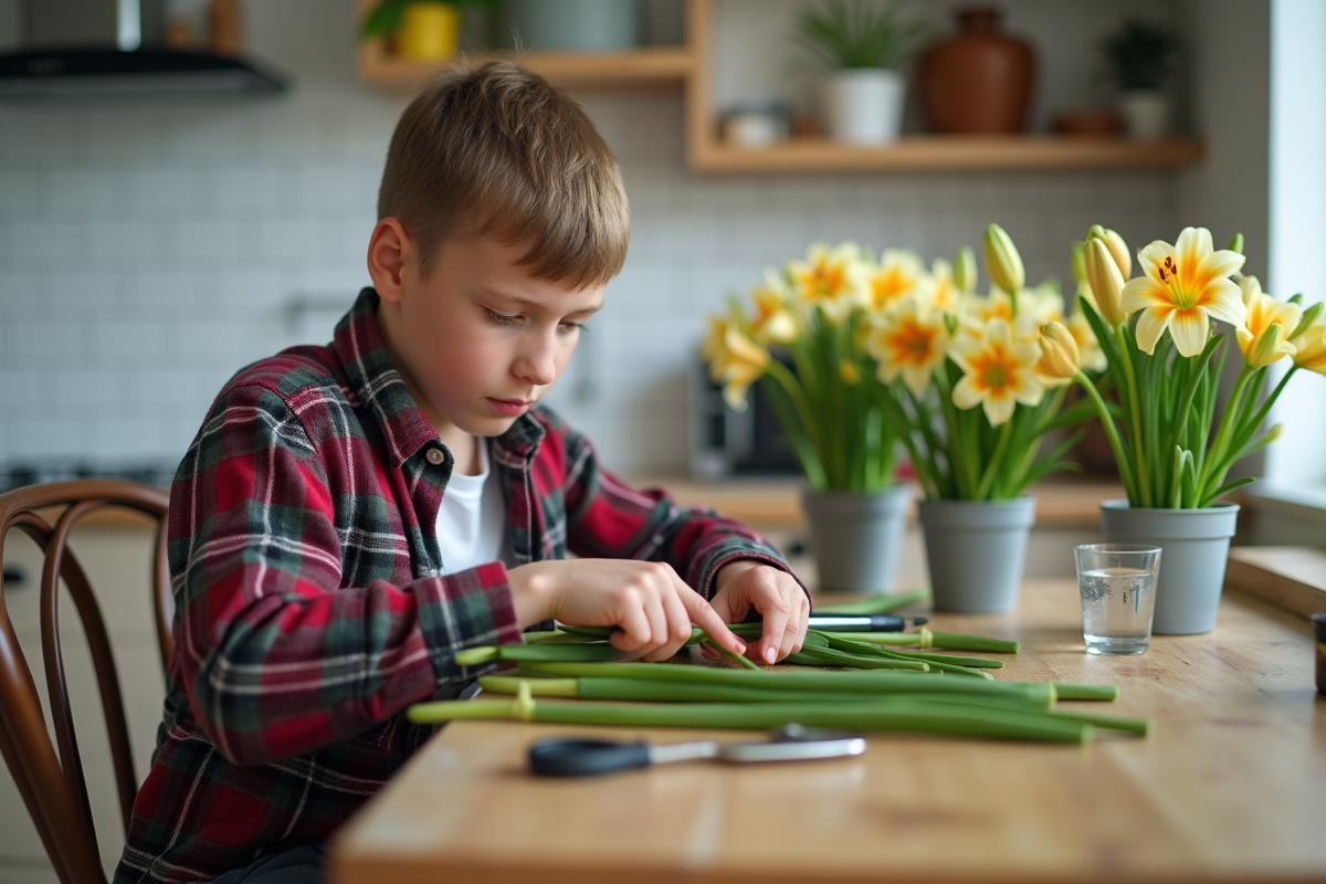 Adolescent coupe des tiges de lys dans la cuisine