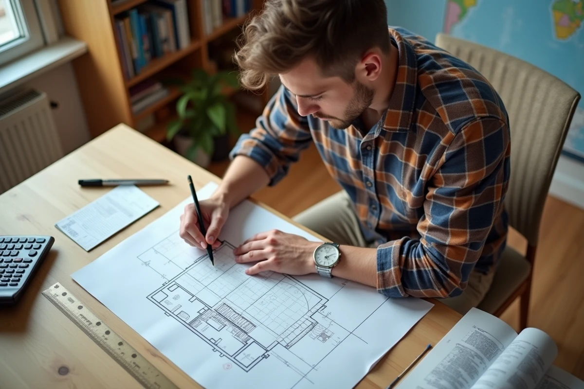Jeune homme dessinant un plan de sol avec un crayon