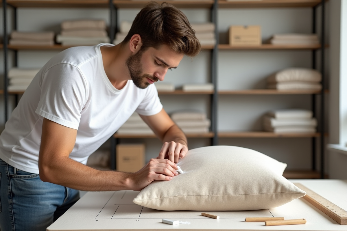 Jeune homme marquant un oreiller en tissu beige dans son atelier
