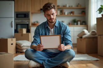 Jeune homme assis avec photo dans la main dans un salon en transition