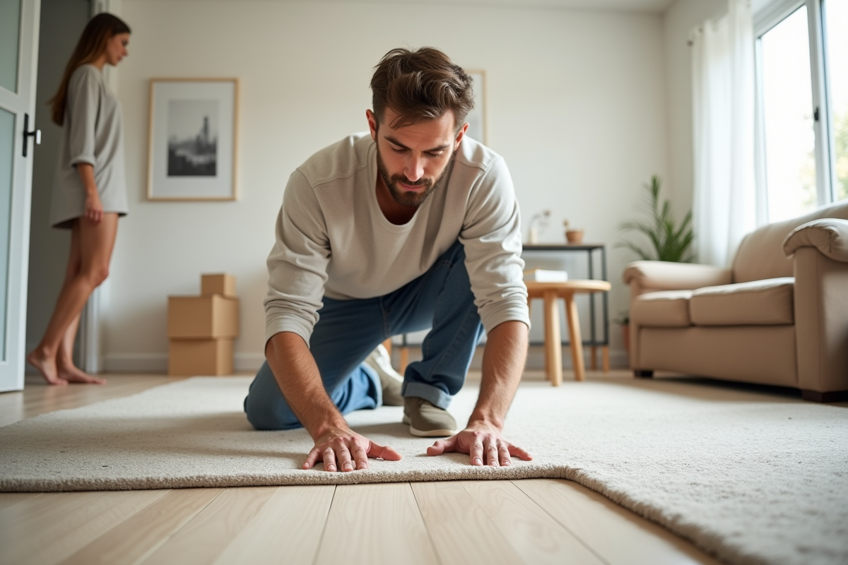 Jeune homme posant un tapis neuf dans un appartement moderne