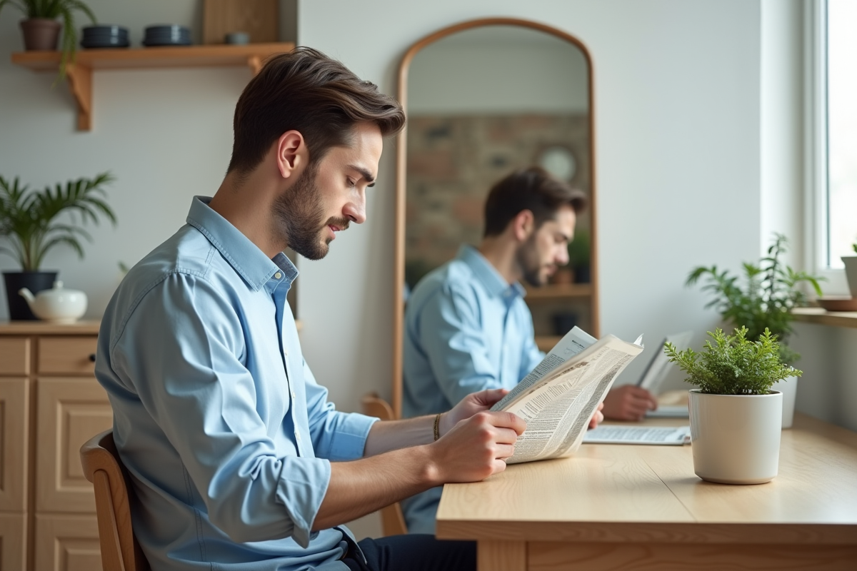 Jeune homme en chemise bleue lisant un journal devant miroir