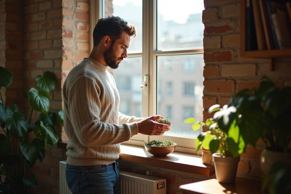 Jeune homme posant un bol de sauge sur la fenêtre ensoleillée