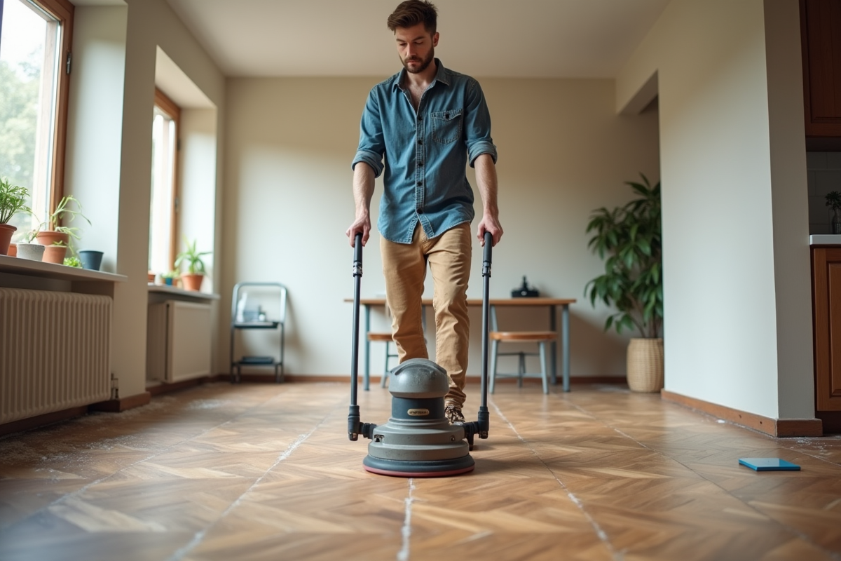 Jeune homme utilisant une ponceuse électrique sur un parquet ancien