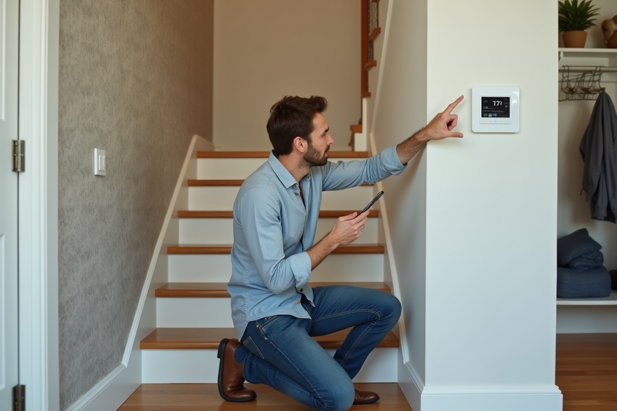 Jeune homme vérifiant un thermostat connecté dans la maison