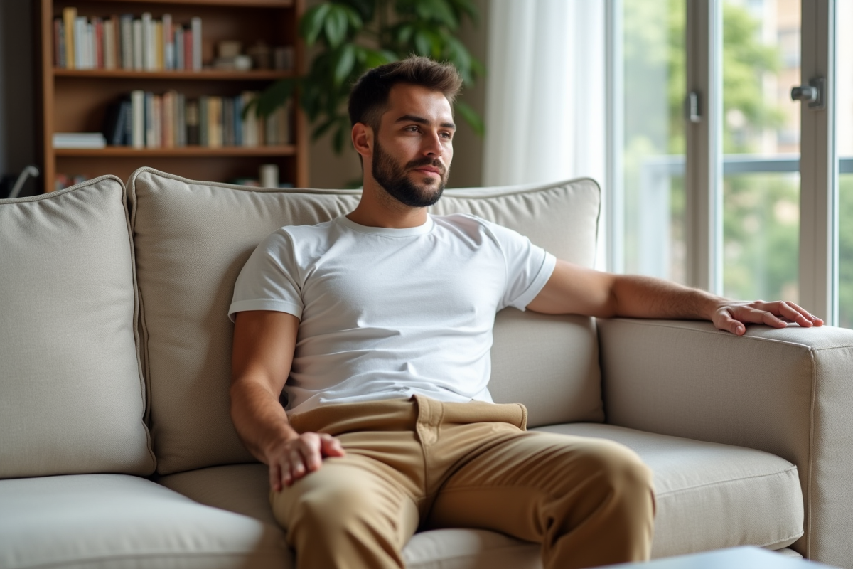 Jeune homme assis sur un canapé avec du ruban protecteur