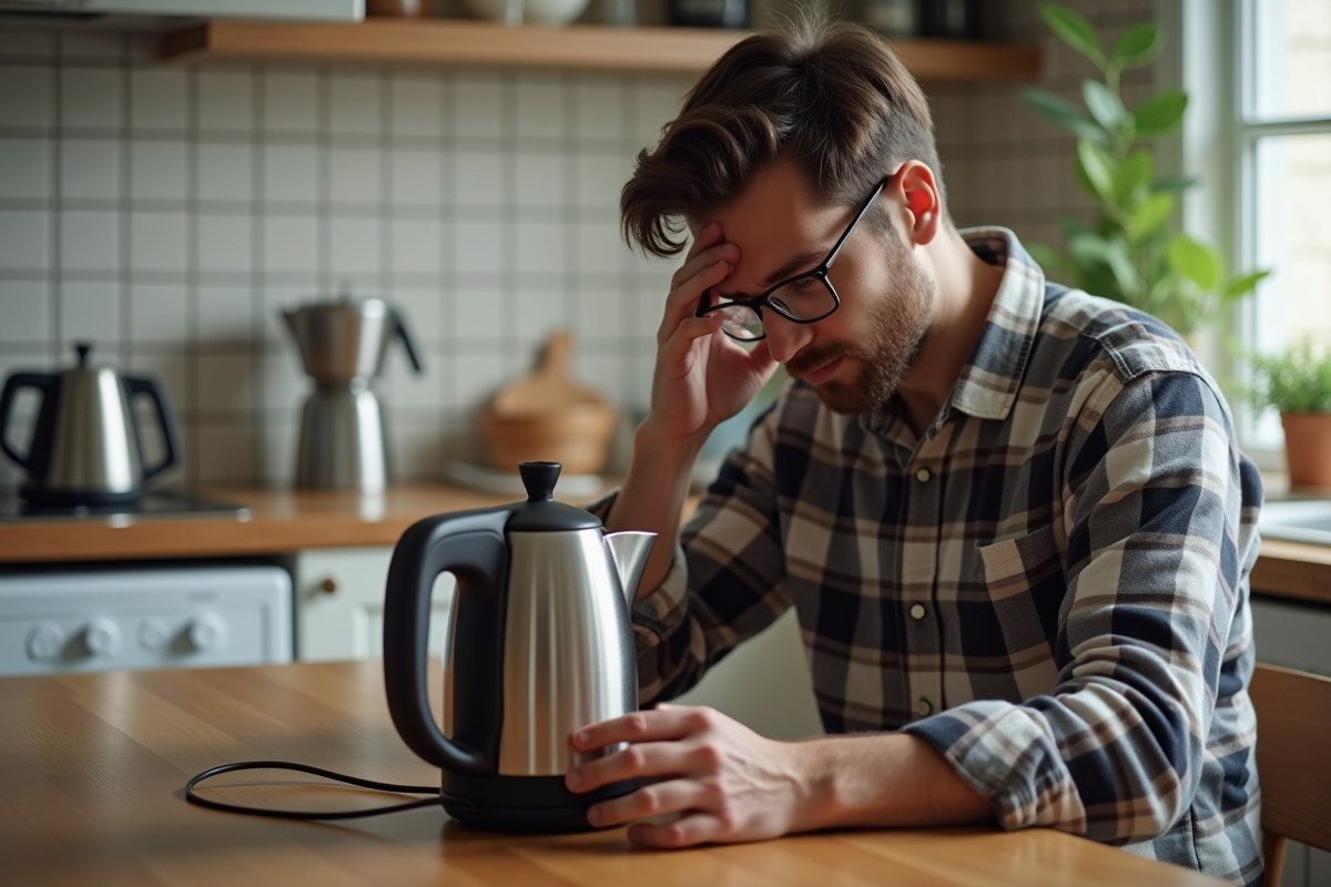 Jeune homme essayant de dépanner une cafetière électrique