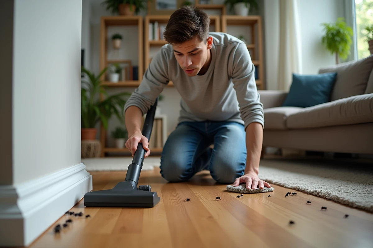 Jeune homme aspirant des insectes sur le sol en salon