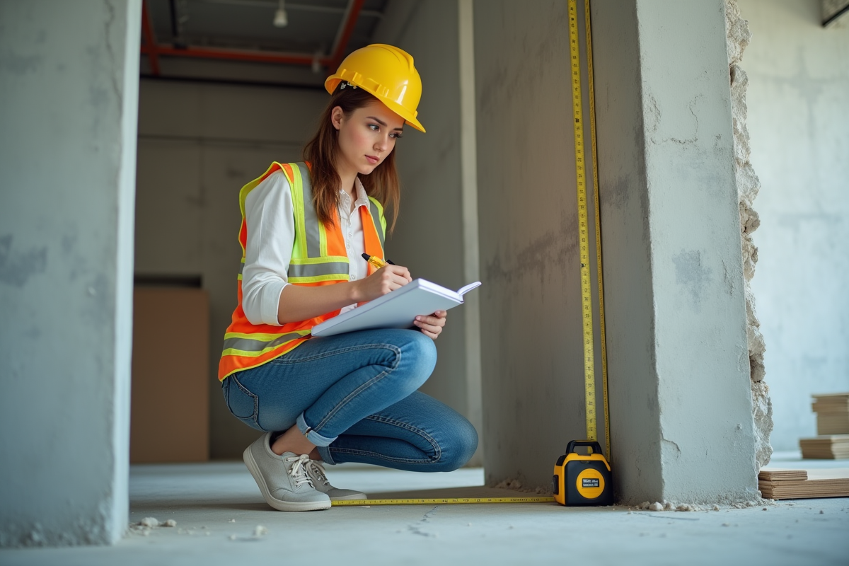 Jeune femme en tenue de chantier prend des notes dans un espace en rénovation