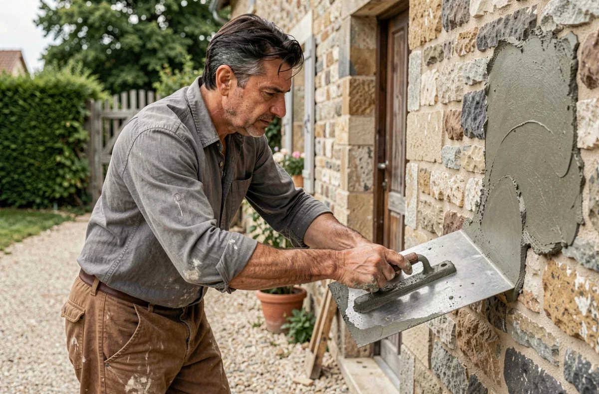 Karim Akabal maçon appliquant un enduit à la truelle sur un mur en pierre d'une maison en Essonne