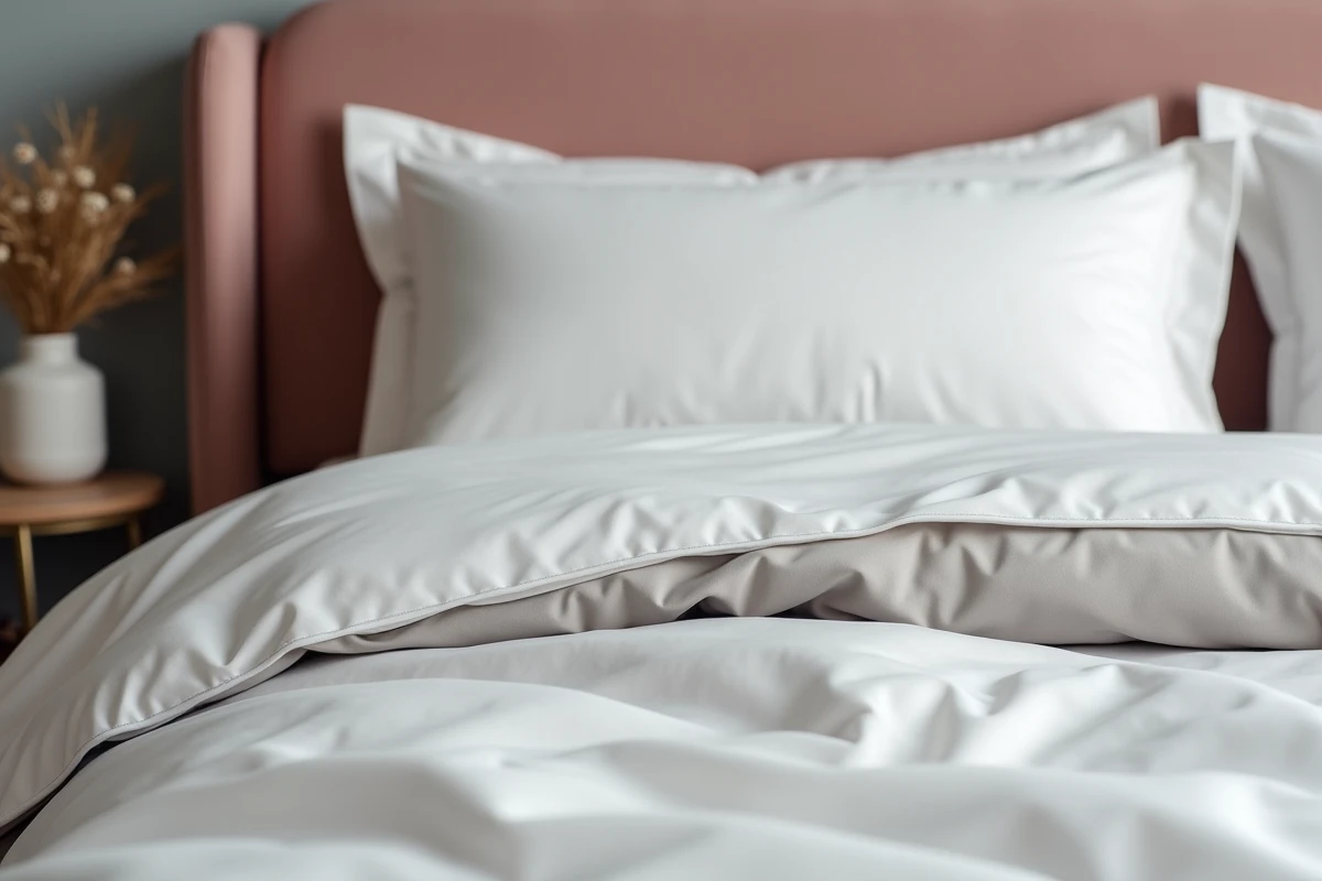 Détail du linge de lit de qualité dans une chambre parentale, draps en percale blanche et taie d'oreiller avec bordure brodée devant une tête de lit en velours vieux rose