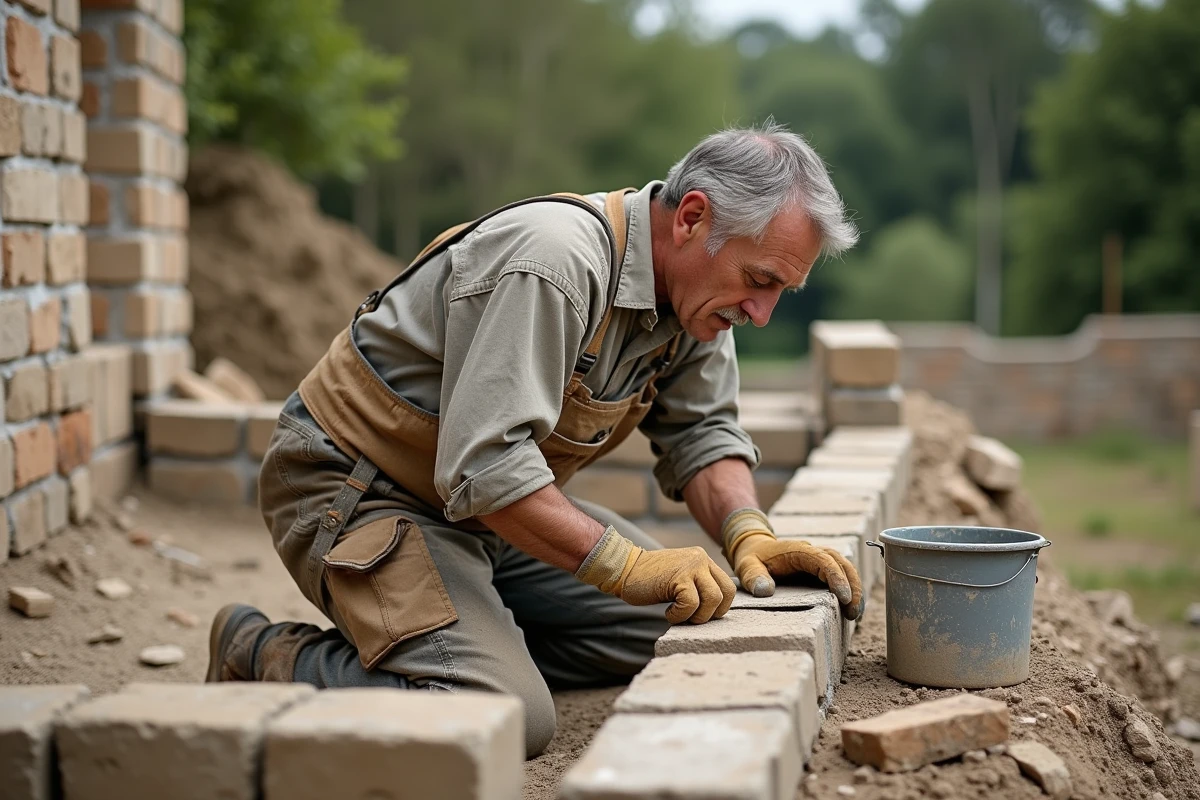 Artisan maçon posant des moellons de Bourgogne lors de la construction d'un mur en pierre sèche