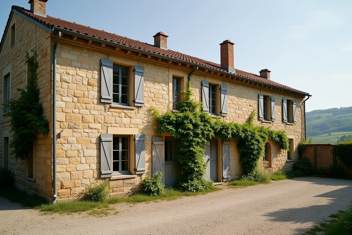 Maison de campagne en pierre de Bourgogne avec facade en moellons calcaires et volets en bois