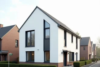 Maison neuve moderne construite à Douai par un constructeur local, façade blanche avec menuiseries anthracite dans un quartier résidentiel du Nord
