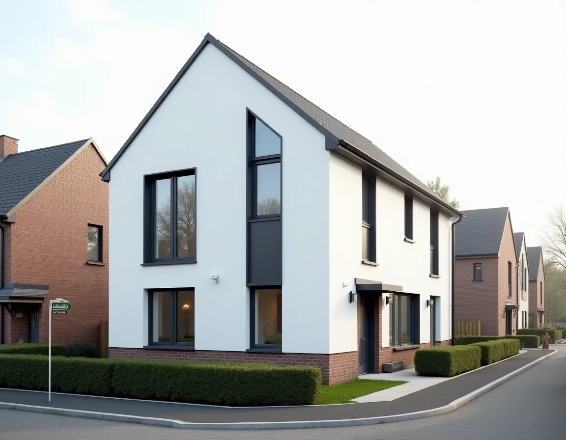 Maison neuve moderne construite à Douai par un constructeur local, façade blanche avec menuiseries anthracite dans un quartier résidentiel du Nord