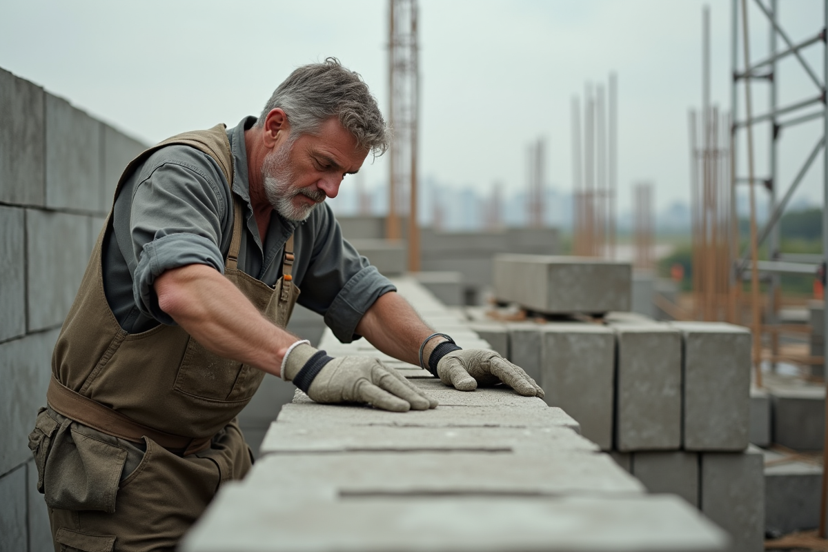 Maçon au travail sur un mur en béton en extérieur