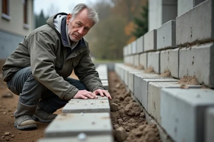 Maçon en pleine pose de parpaings sur un mur en construction