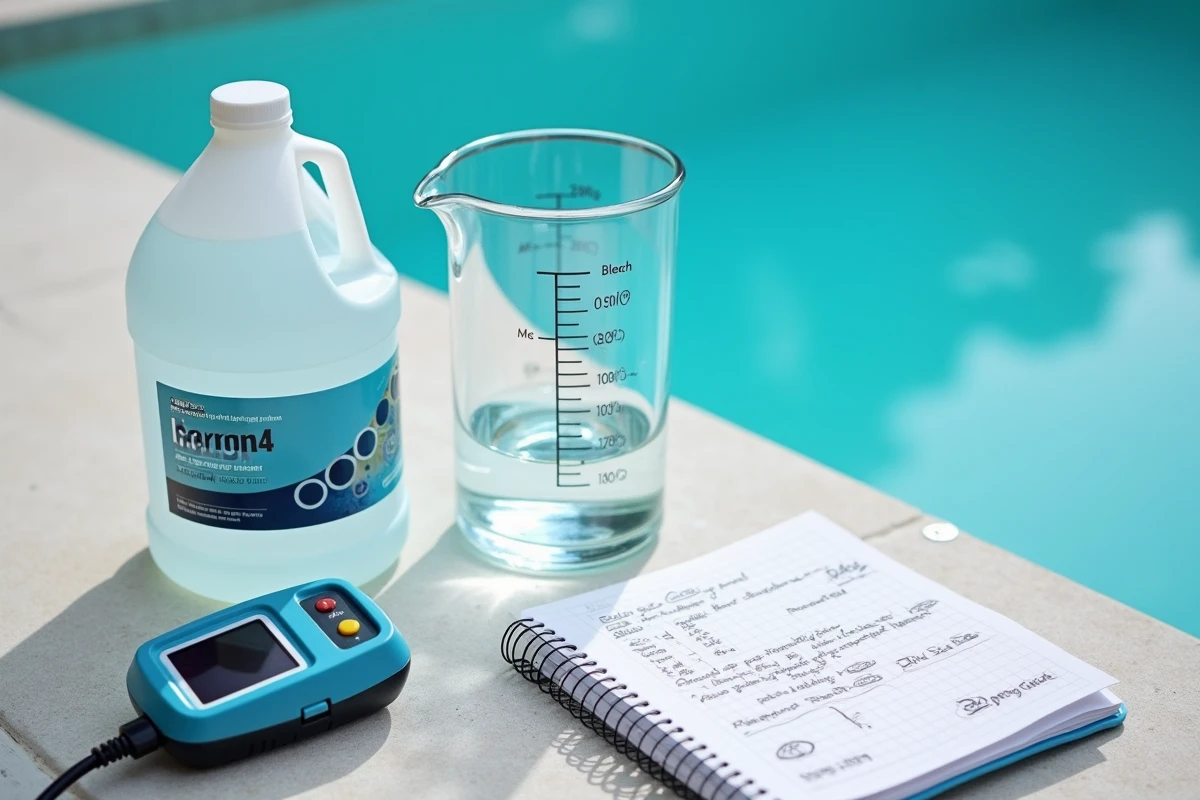 Matériel de dosage de javel pour piscine : bouteille, verre gradué et carnet de calcul par m3
