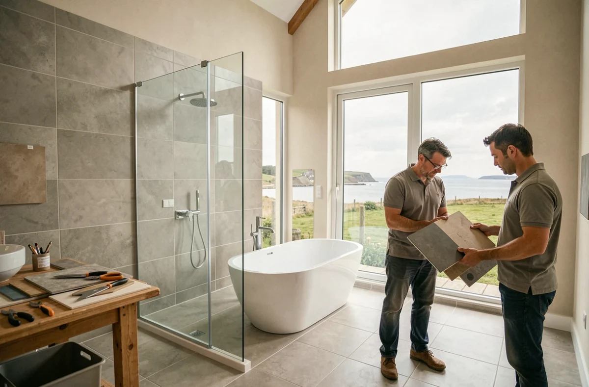Salle de bain moderne rénovée dans le Morbihan avec douche à l'italienne et baignoire îlot, en présence d'un installateur professionnel