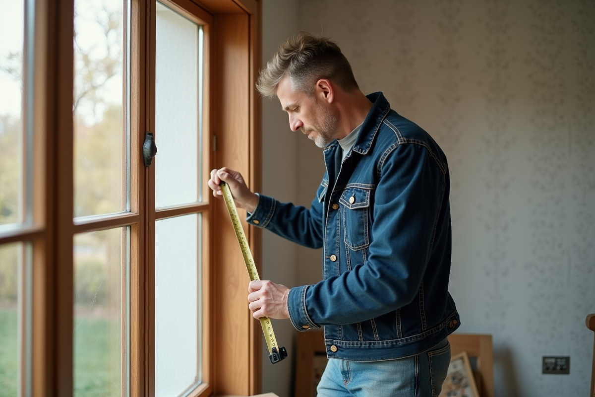 Homme menuisier mesurant une fenêtre dans une maison lumineuse