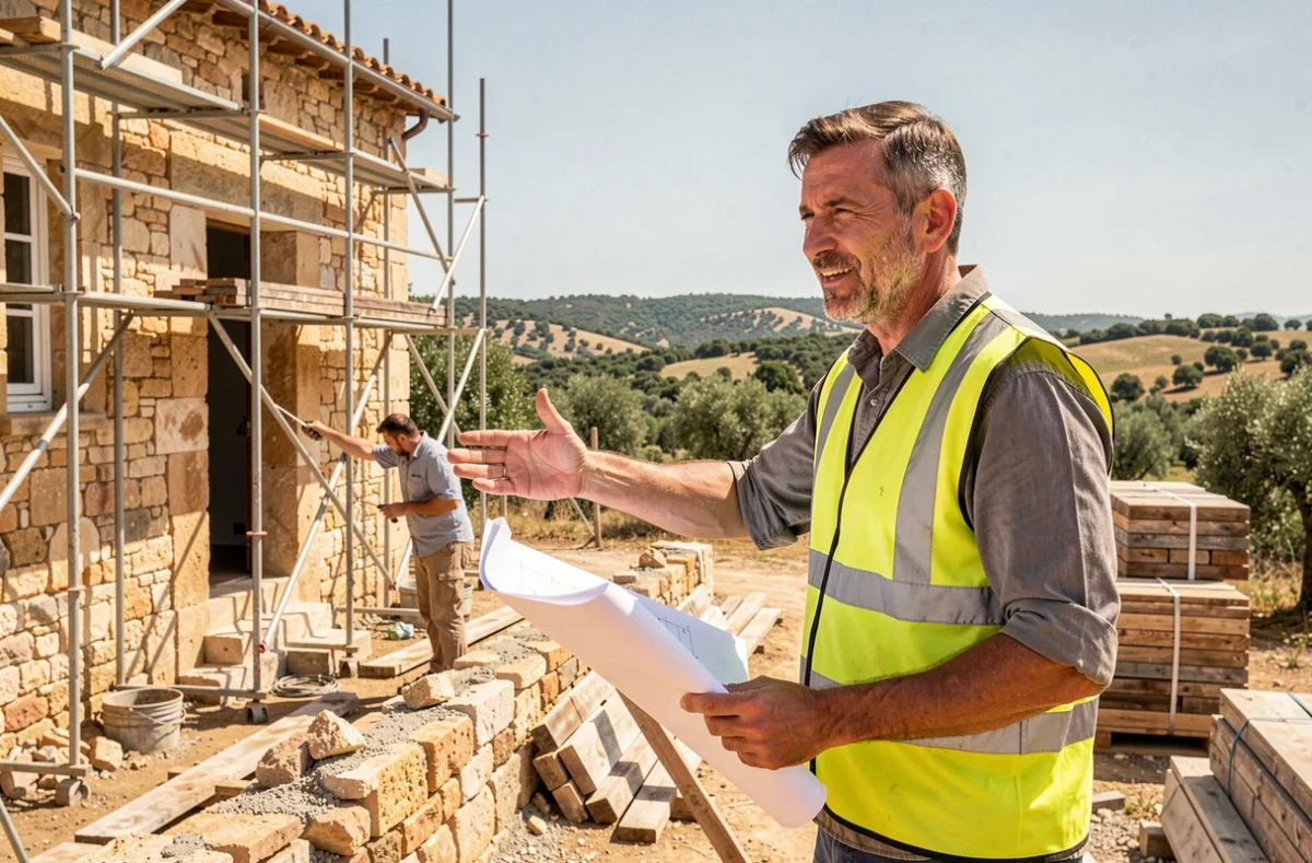 Chef de chantier Méridionale Bâtiment Rénovation supervisant la rénovation structurelle d'un bâtiment en pierre dans les Bouches-du-Rhône