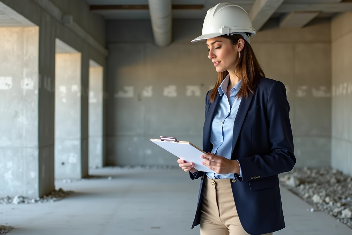 Métreur analysant les coûts d'un plancher dalle pleine versus poutrelle hourdis sur un chantier de construction résidentiel