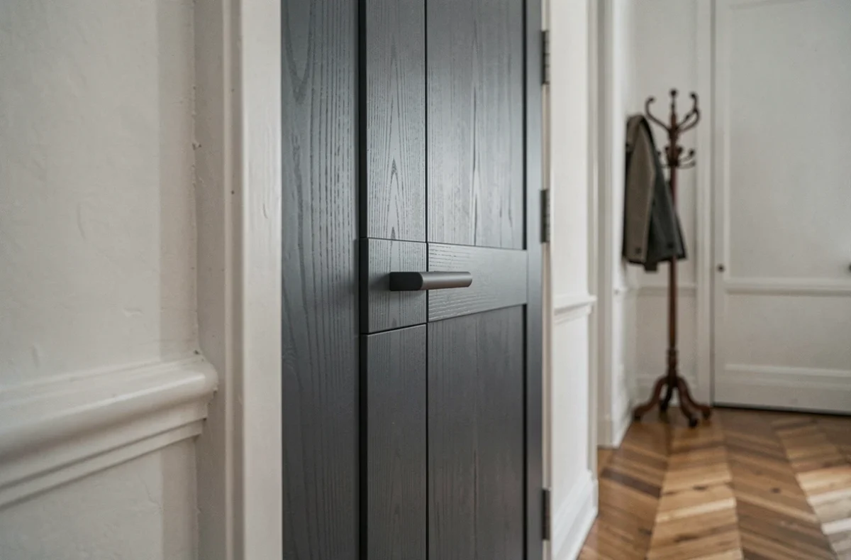 Meuble cache compteur électrique anthracite dans un couloir haussmannien avec détail de la porte et poignée intégrée
