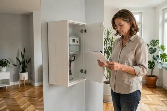 Meuble cache compteur électrique blanc intégré dans un salon moderne avec une femme consultant un document