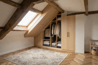 Meuble sur mesure comble pente en chêne clair intégré sous un toit mansardé dans une chambre avec poutres apparentes et fenêtre de toit
