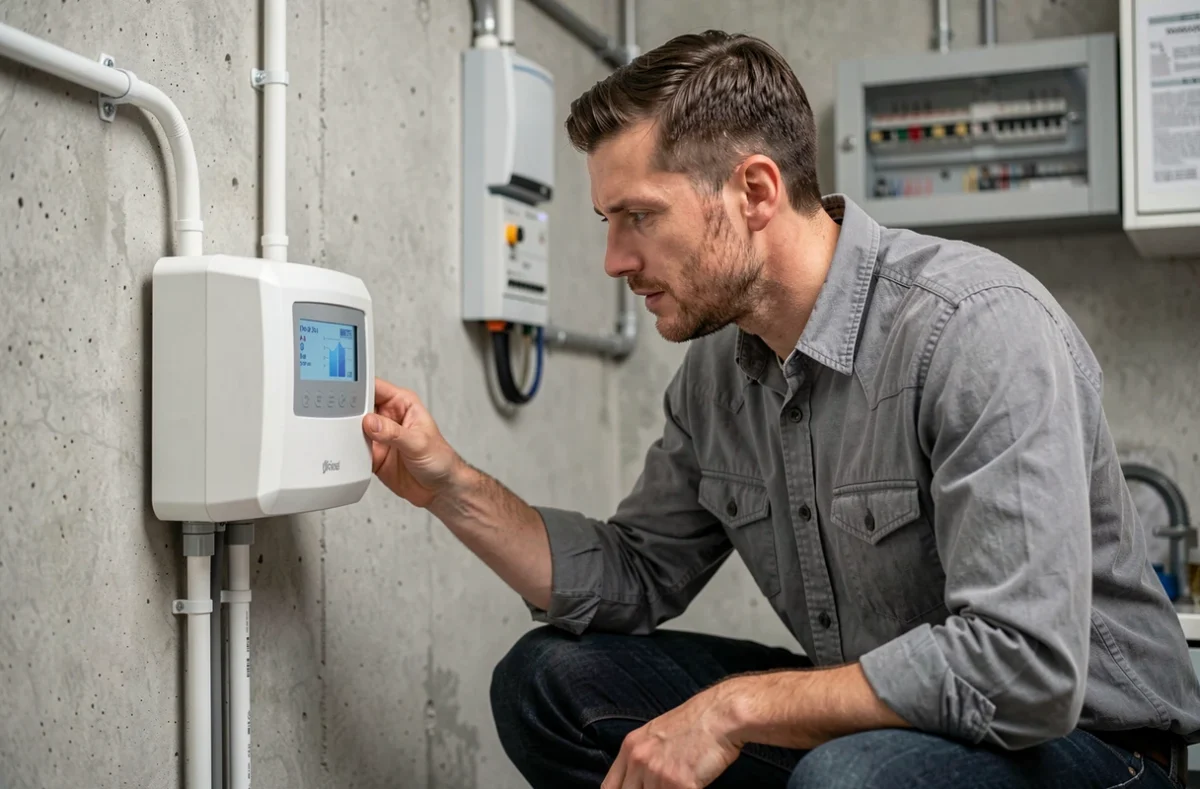 Propriétaire inspectant le micro-onduleur et l'écran de monitoring d'un kit solaire autoconsommation 800W dans une buanderie