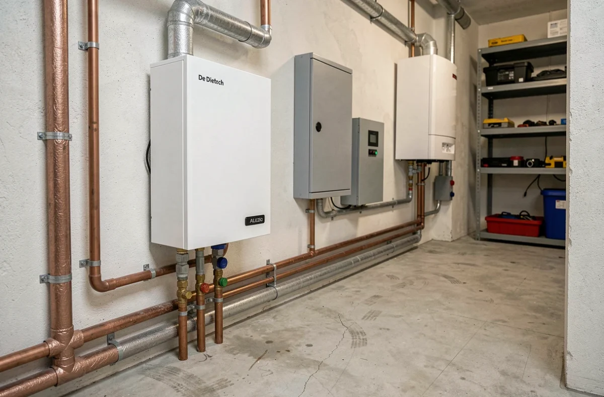 Module intérieur de pompe à chaleur De Dietrich Alezio dans une chaufferie résidentielle