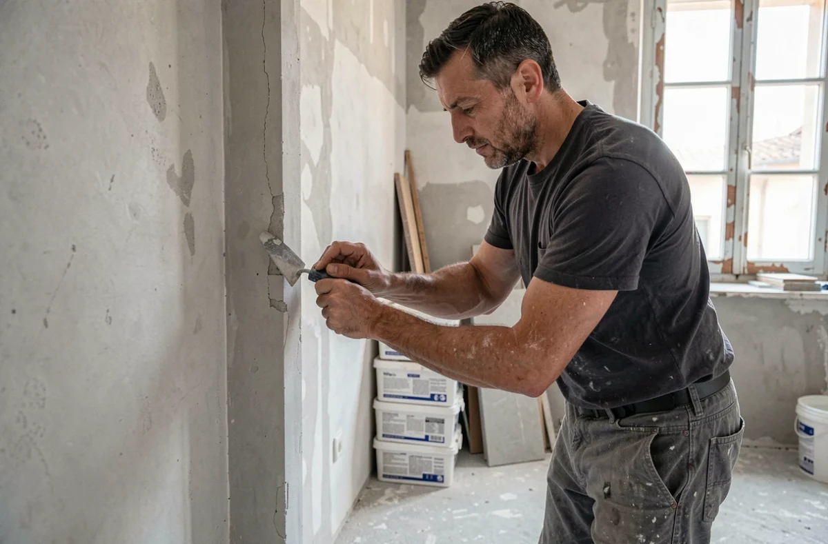 Artisan Monagheddu L. finissant un joint en plâtre sur un encadrement de porte dans un appartement marseillais en rénovation