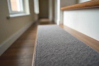 Gros plan sur une marche en moquette grise installée sur un escalier en bois, montrant la texture du tissu et l'isolation phonique