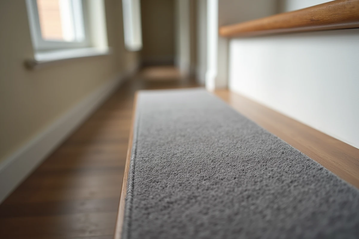 Gros plan sur une marche en moquette grise installée sur un escalier en bois, montrant la texture du tissu et l'isolation phonique