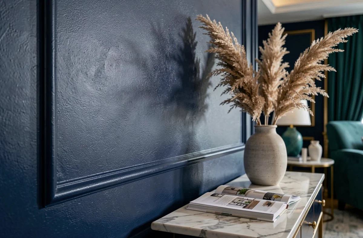 Détail d'un mur bleu marine satiné avec console en marbre et accessoires décoratifs dans un salon de luxe