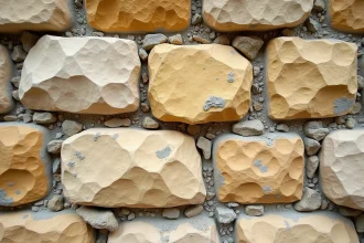 Gros plan sur un mur en moellon de Bourgogne avec pierres calcaires irrégulières et joints de chaux