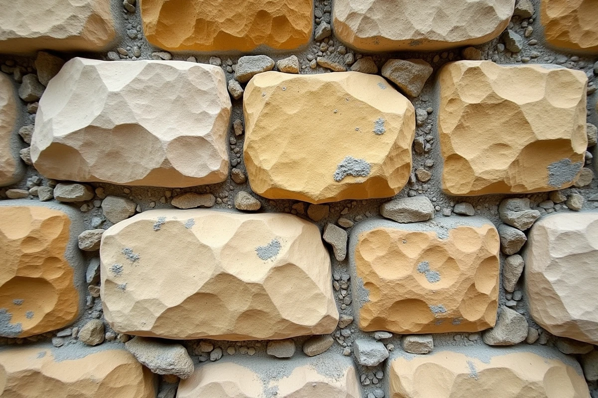 Gros plan sur un mur en moellon de Bourgogne avec pierres calcaires irrégulières et joints de chaux